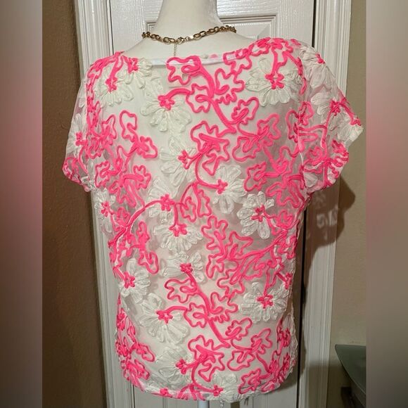 Anthropologie - Meadow Rue Floral Ribbon Sheer Blouse. Hot Pink Size Medium - Picture 3 of 7